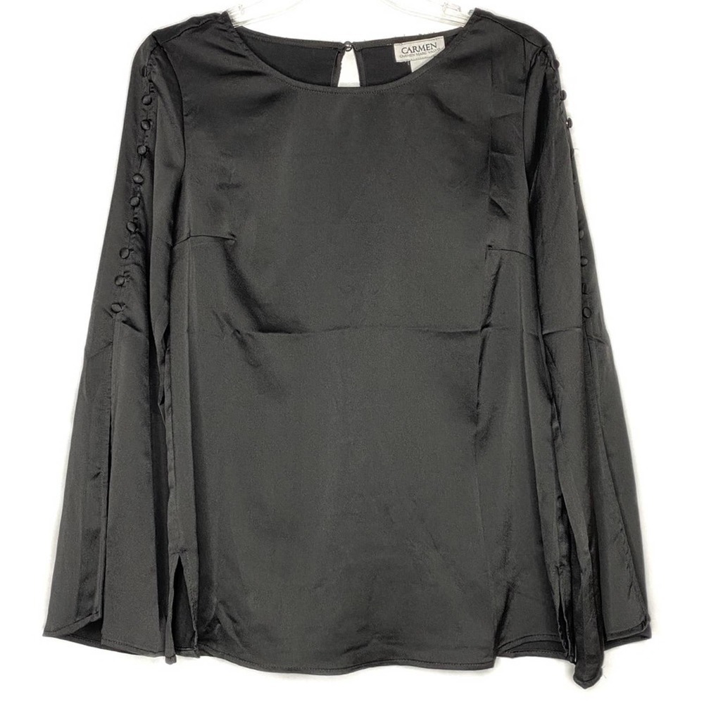 Carmen by Carmen Marc Valvo Black Satin Embellished Sleeve Top Size Small - Picture 4 of 9